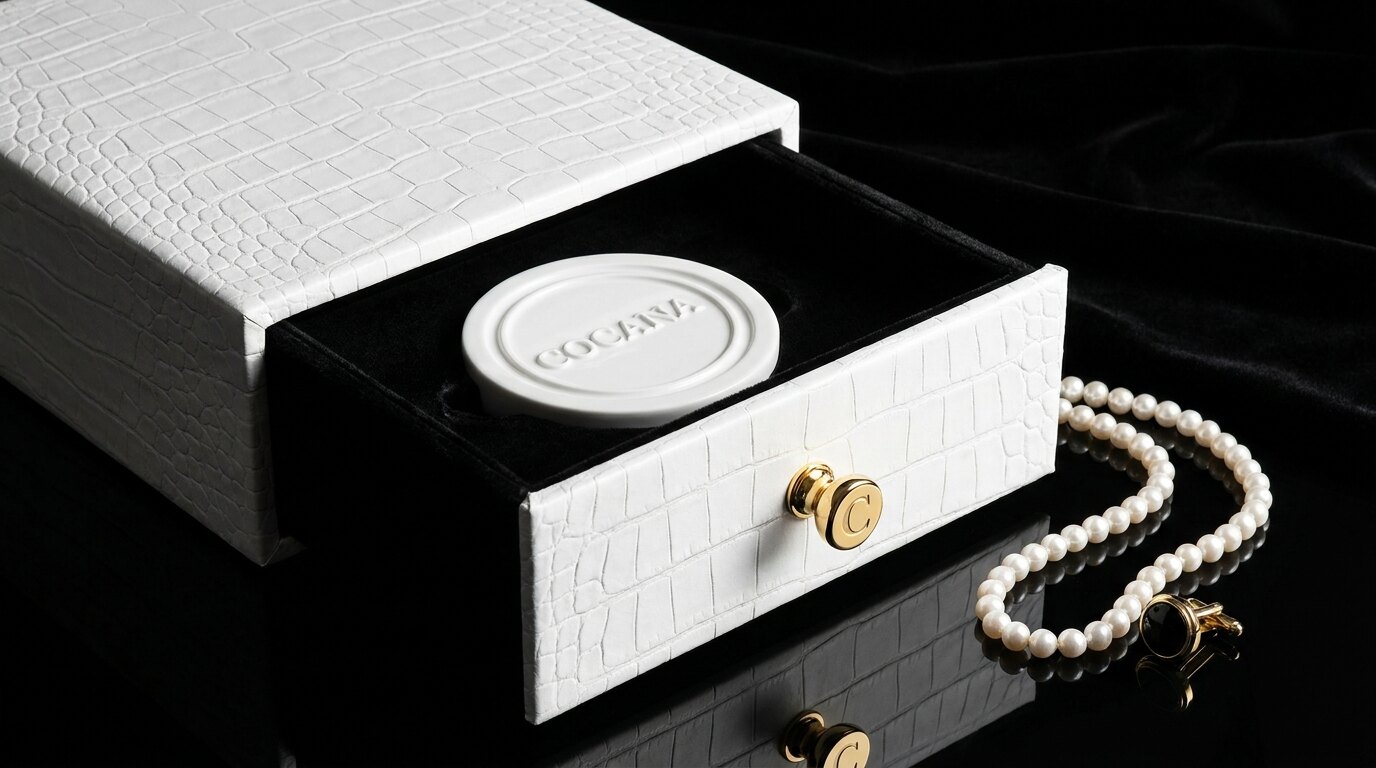 The COCANA drawer box — white crocodile leather, black velvet interior, gold pull knob